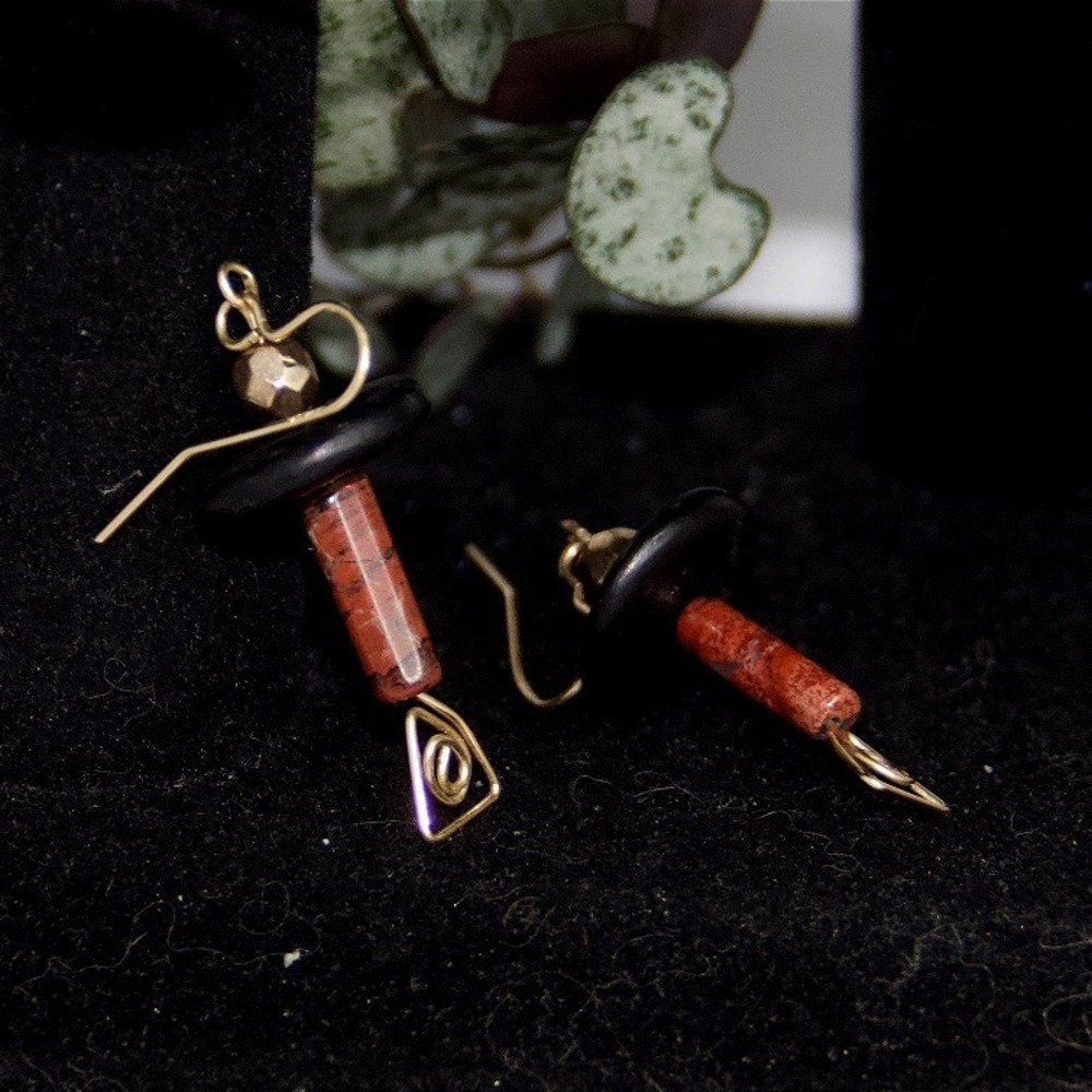 Modernist MCM 14k Gold Filled Red Stone Black Disc Geometric Drop‎ Earrings 2in